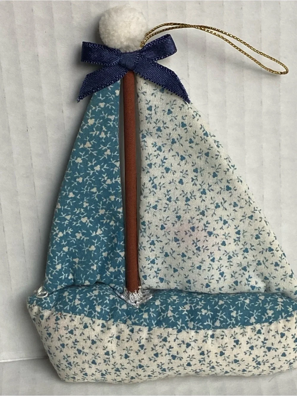 Vintage Sailboat Xmas Ornament Handmade Chintz Fabric Blue Sail Boat Beach Ocean